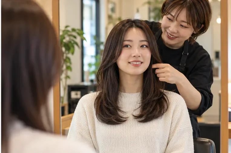 鏡の前で仕上がった髪型を確認する客と、横から毛流れを整える美容師