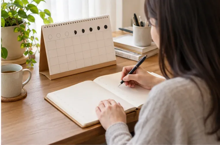 月の満ち欠けを示す絵が並ぶ紙のカレンダーを見ながら、手帳に予定を書き込む人