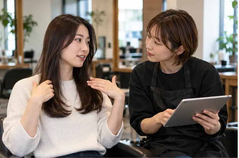 日本のヘアサロンで、客が髪の長さを手で示しながら美容師に希望を伝えている