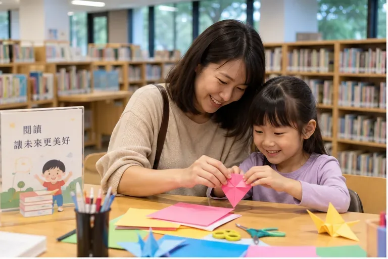 親子在圖書館桌邊一起摺紙，桌面放著彩紙與文具，背景是兒童書架
