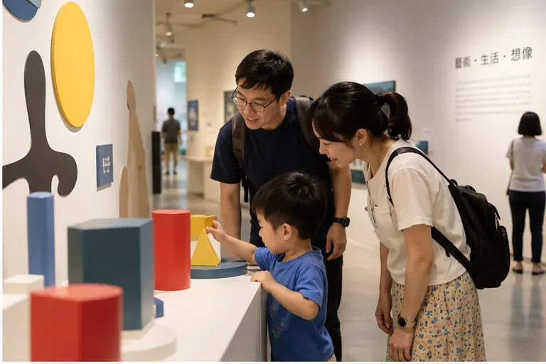 父母陪孩子在美術館互動展示前觀察彩色幾何造型