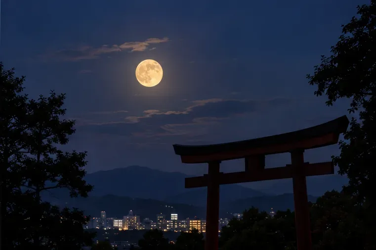夜空の月と鳥居、山並み、街の明かりを一つの画面に収めた構図