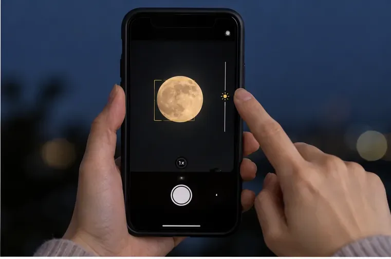 スマートフォンの画面で月にピントを合わせ、露出を下げる操作をする手元