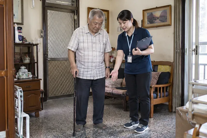 長照評估人員在家中陪同持杖長者查看行走狀況，示意到宅評估照顧需求