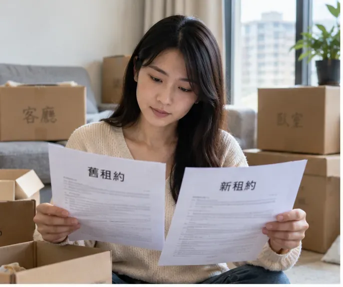 租金補貼核定戶搬家時比對舊租約與新租約，旁邊放著搬家紙箱