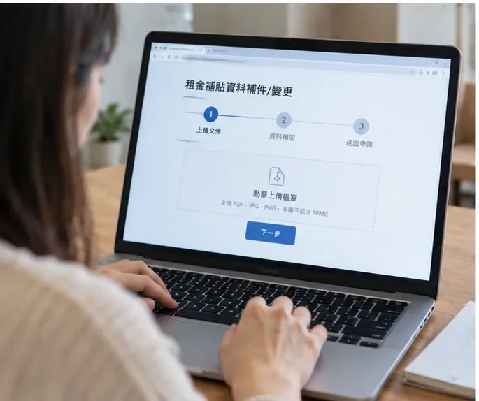 租金補貼申請人使用筆電上傳新租約與變更資料的畫面