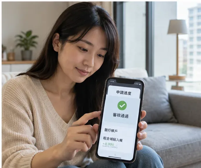 搬家後的租金補貼申請人查看手機上的案件審核通過與入帳資訊