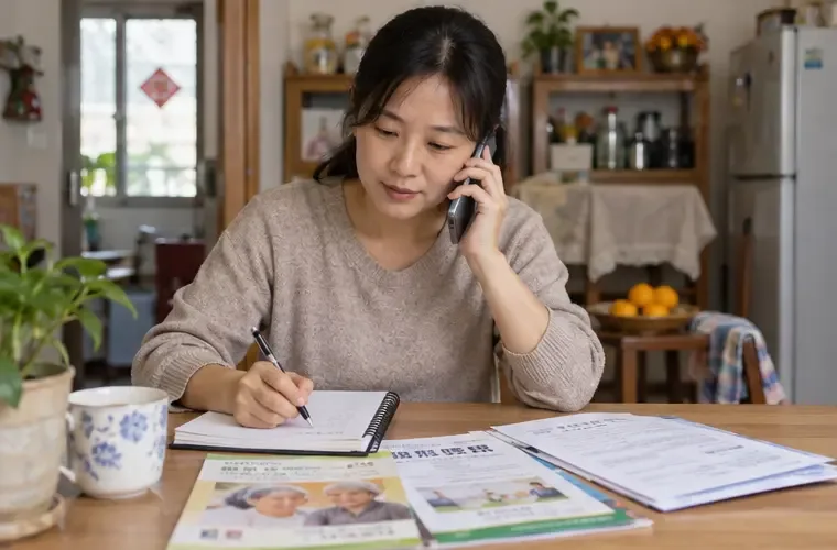 女性在餐桌旁一邊通電話一邊記錄，桌上放有照顧資料與文件，呈現向1966或長照窗口確認資格的情境