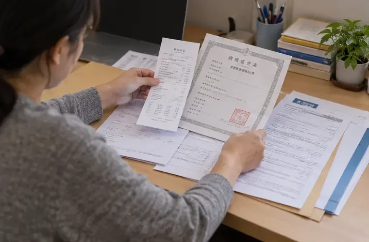 桌面上有人整理長照收據、證明文件與其他報稅資料，手中拿著一張文件逐項核對