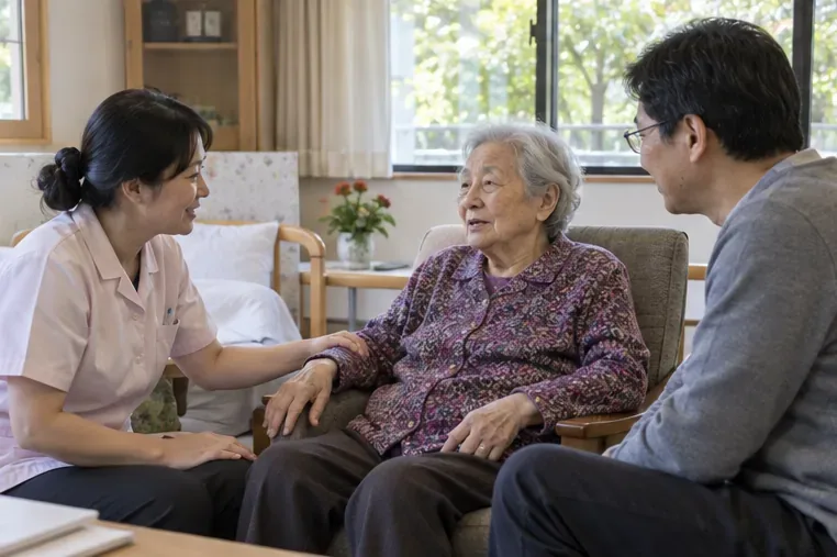 住宿機構房間內長者與照顧服務人員及家屬討論照顧安排