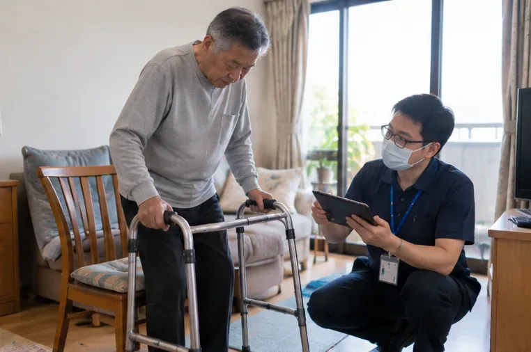一名長者在家使用助行器，評估人員拿著平板觀察其站立與移動情況。