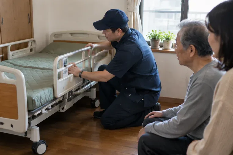 服務人員在住家內調整照顧床側欄與設備，長者與家屬坐在旁邊觀看操作。