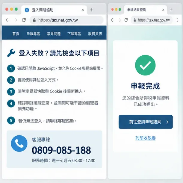 報稅登入問題排除清單示意，列出檢查 JavaScript、嘗試其他登入方式、清除 Cookie、檢查網路與聯絡客服，旁邊顯示 0809-085-188