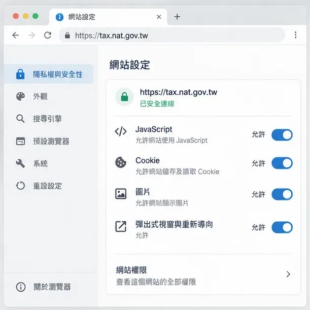 瀏覽器網站設定頁顯示 tax.nat.gov.tw 的安全連線，JavaScript、Cookie、圖片與彈出視窗權限皆為允許