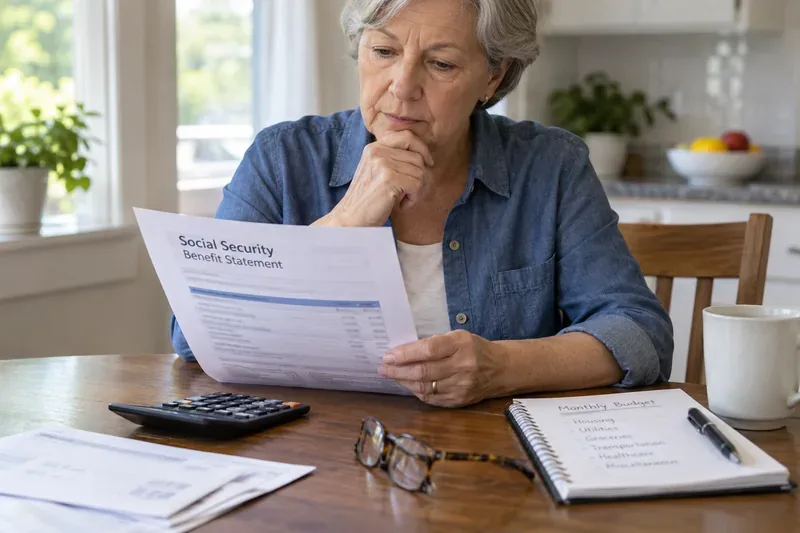 Older woman reviewing a Social Security benefit statement at a kitchen table with a calculator and monthly budget notebook.