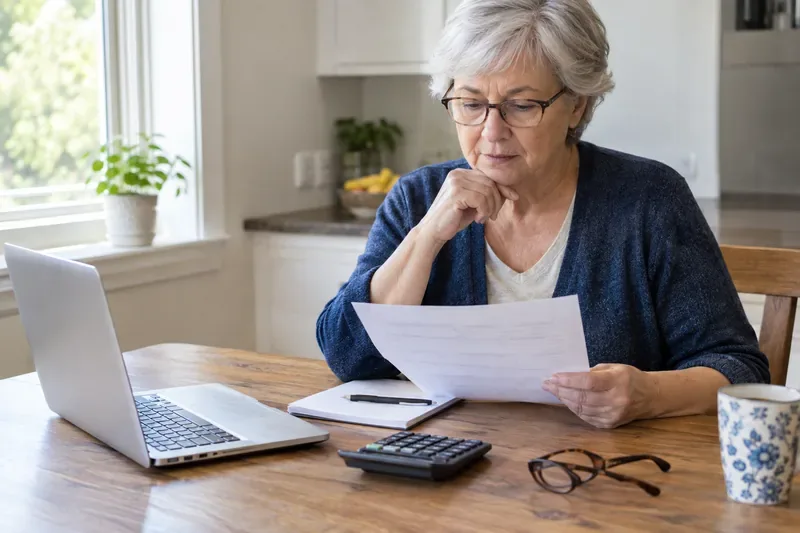 An older woman reviewing household financial paperwork beside a laptop and calculator at a kitchen table