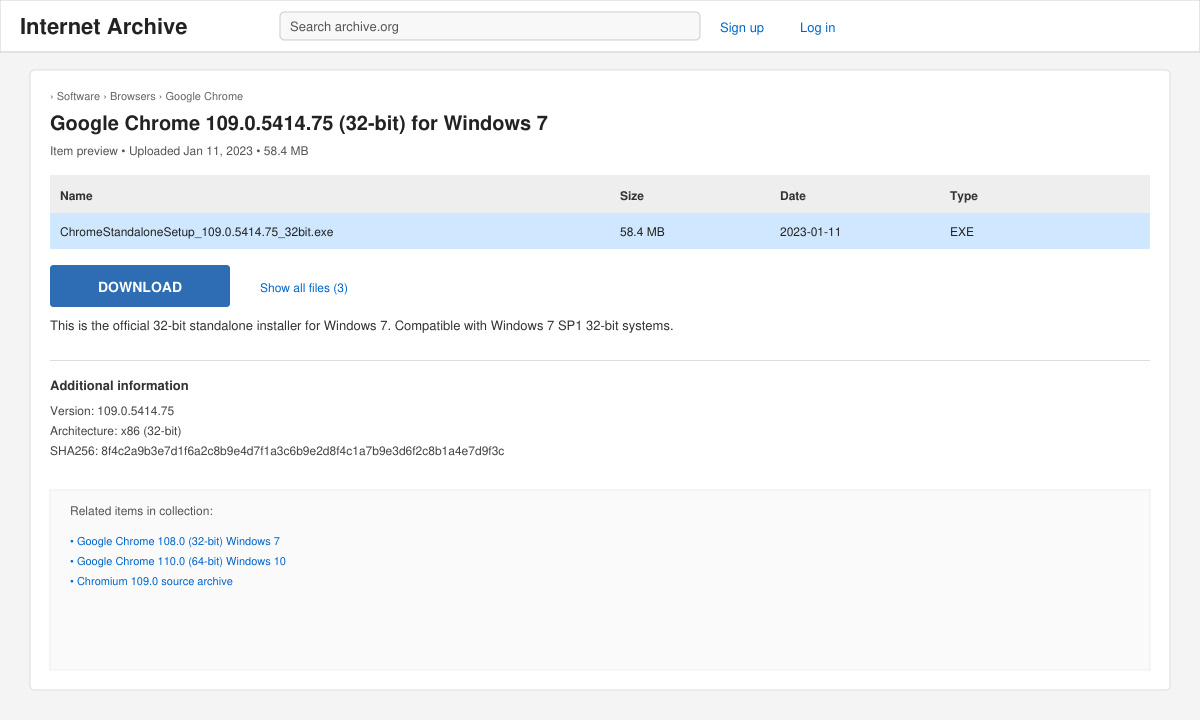 Screenshot of archive.org page with Chrome 109 32-bit installer file selected for download