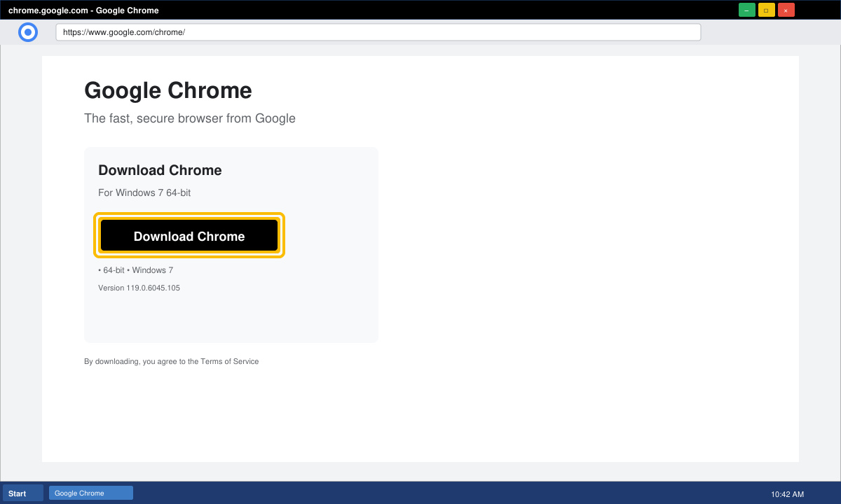 Screenshot of the official Chrome download page with the blue download button highlighted on a Windows 7 screen
