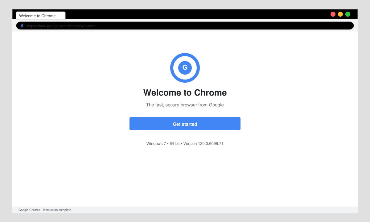 Final screen after successful Chrome installation on Windows 7 showing the browser welcome page