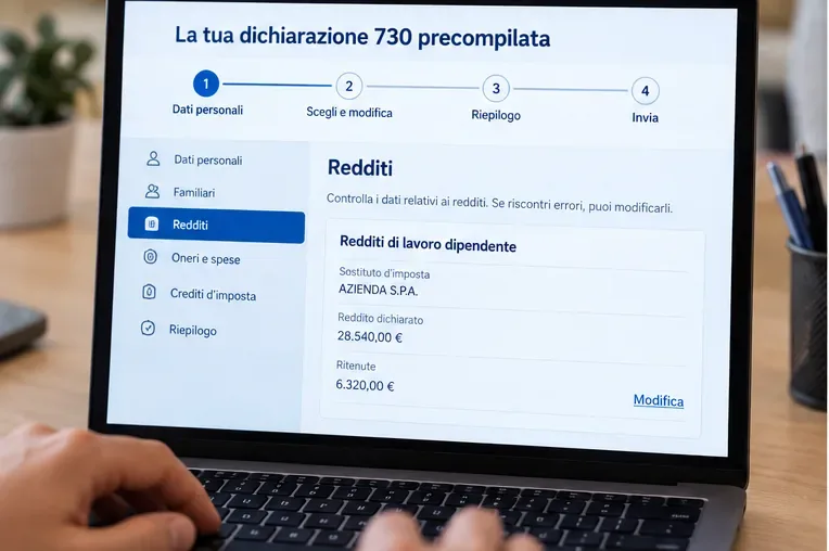 Computer con una schermata di controllo dei redditi nella dichiarazione 730 precompilata e un comando per modificare i dati.