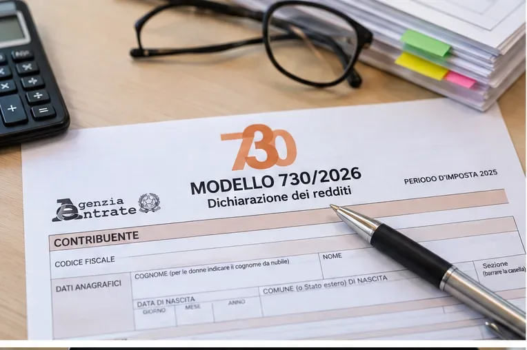 Modello 730/2026 su una scrivania con penna, calcolatrice e documenti pronti per il controllo dei dati.