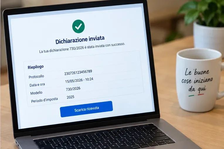 Computer portatile con una schermata di conferma dell’invio del 730/2026 e il pulsante per scaricare la ricevuta.