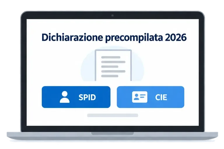Illustrazione di una pagina di accesso alla Dichiarazione precompilata 2026 con i pulsanti SPID e CIE