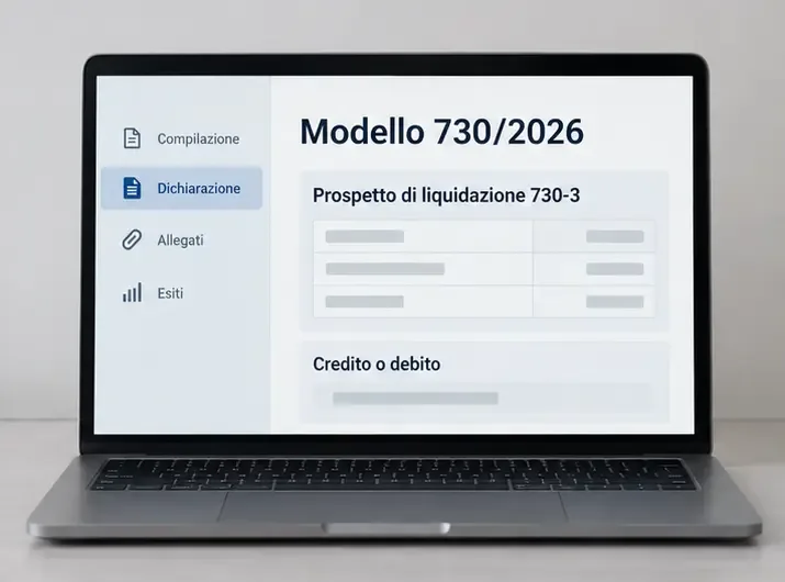 Rappresentazione concettuale del Modello 730/2026 con il Prospetto di liquidazione 730-3 e il risultato credito o debito