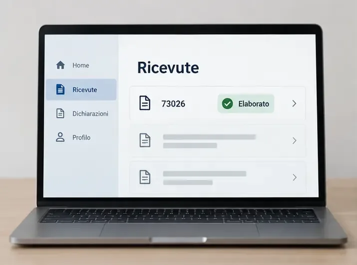 Rappresentazione concettuale di una pagina Ricevute con il riferimento 73026 e lo stato Elaborato