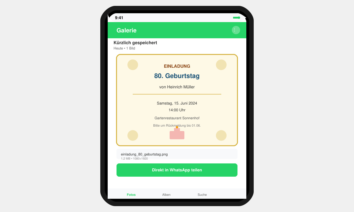Gespeicherte Einladung zum 80. Geburtstag bereit zum Versand in WhatsApp