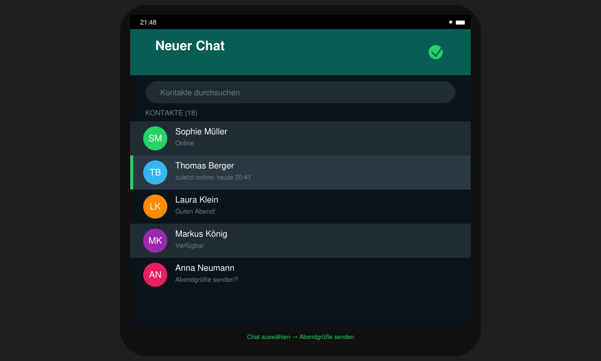 Chat in WhatsApp auswählen für Abendgrüße