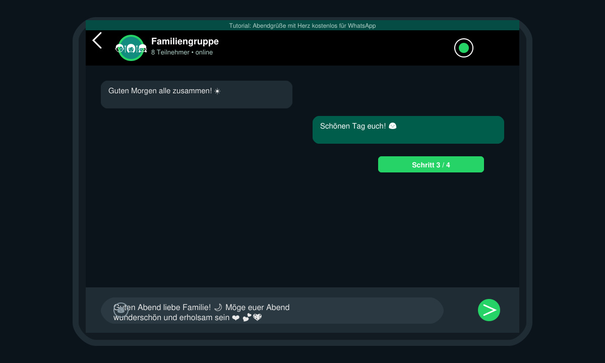 WhatsApp-Eingabefeld mit fertigem Abendgruß-Text inklusive Herz-Emojis