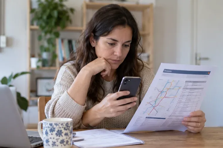 Viajera revisando en casa un mapa de transporte y una ruta en el teléfono antes de comprar el Abono Único