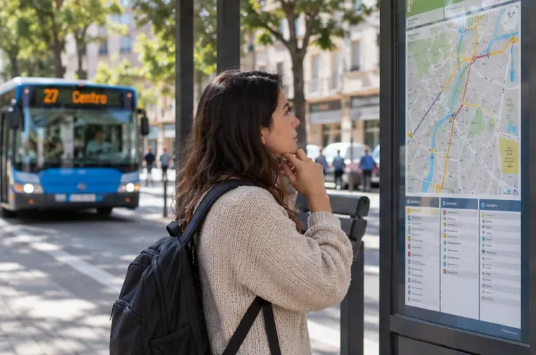 Viajera consultando un panel de rutas en una parada mientras se aproxima un autobús urbano