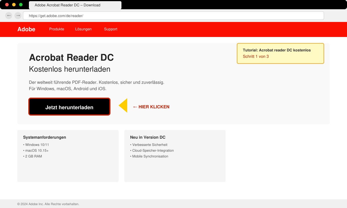 Browserfenster mit der Adobe Download-Seite für Acrobat Reader DC und hervorgehobenem Download-Button