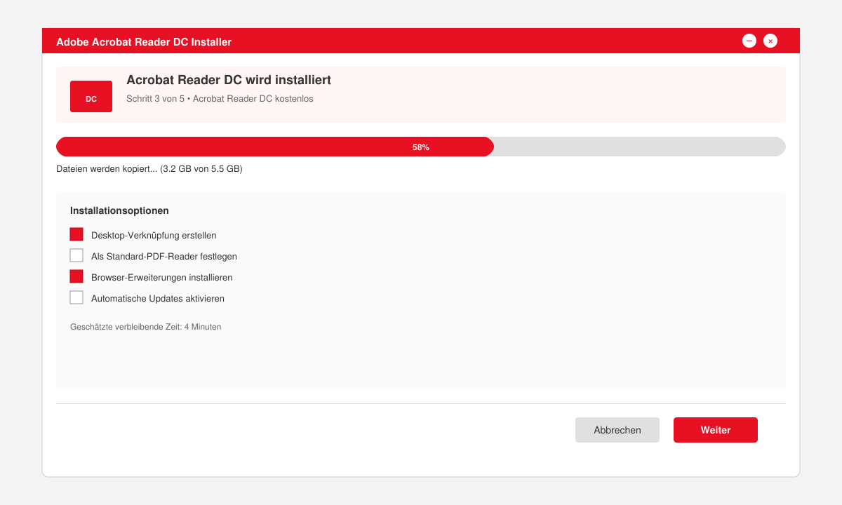 Installationsfenster von Acrobat Reader DC mit Fortschrittsbalken und Optionen für die Installation