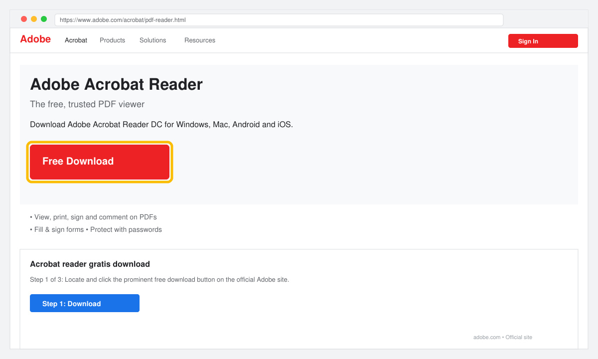 Screenshot of the Adobe website download button for Acrobat Reader
