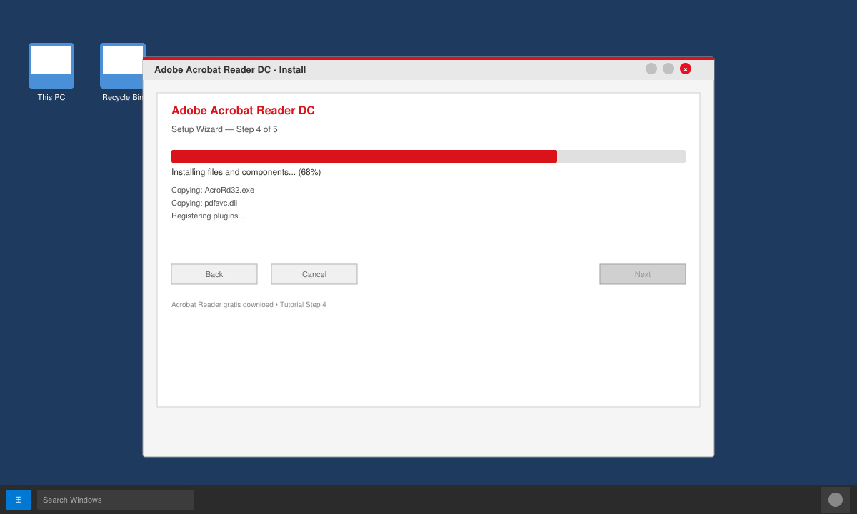 Installation wizard of Acrobat Reader showing the progress bar