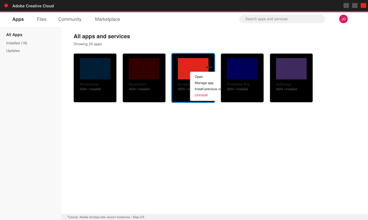 Creative Cloud App mit Adobe Acrobat Auswahl