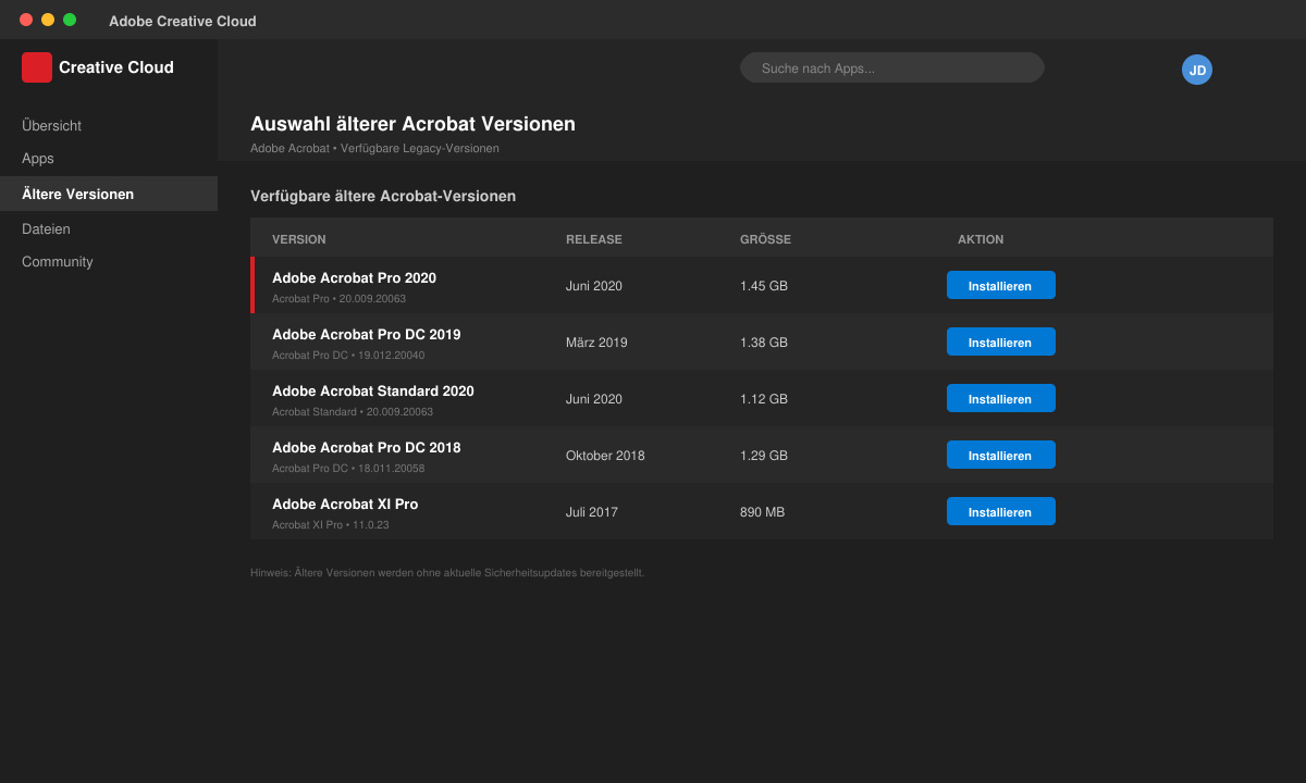 Auswahl älterer Acrobat Version in Creative Cloud