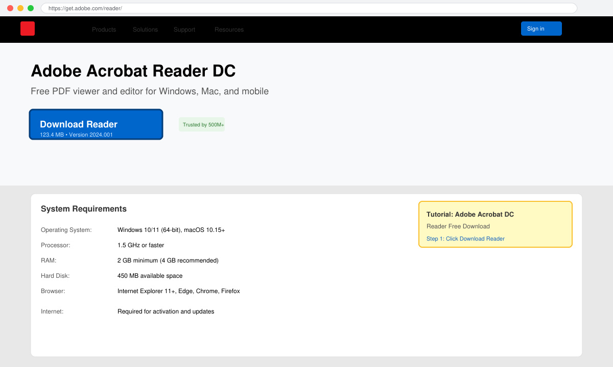 Screenshot of the official Adobe download page with the Download Reader button highlighted