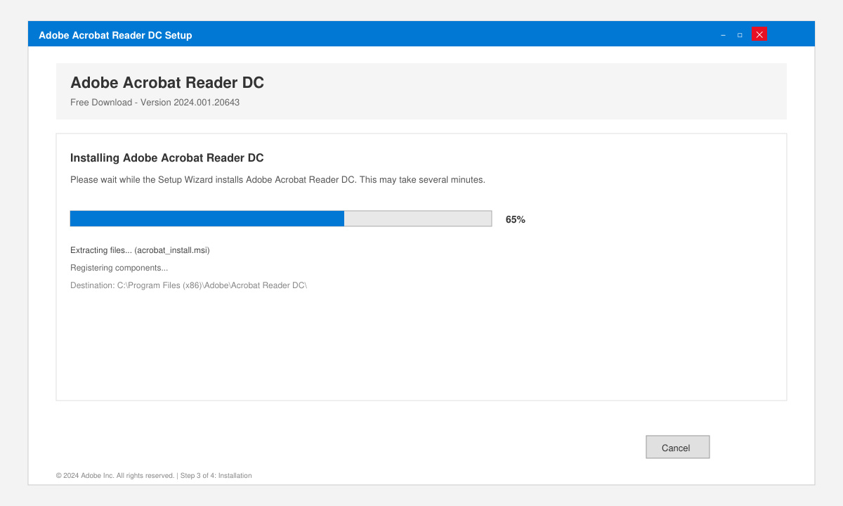 Installation progress screen showing the Adobe Acrobat Reader DC setup wizard on a desktop