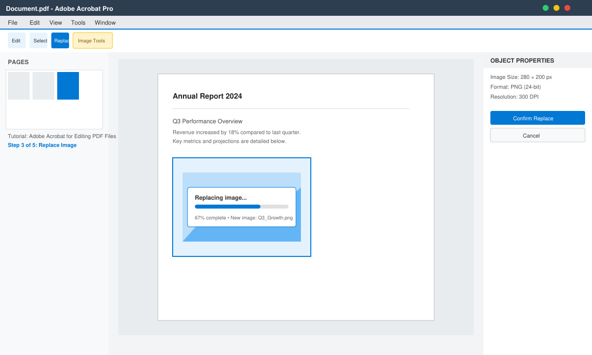 Screenshot of a PDF page with an image being replaced and the formatting toolbar visible