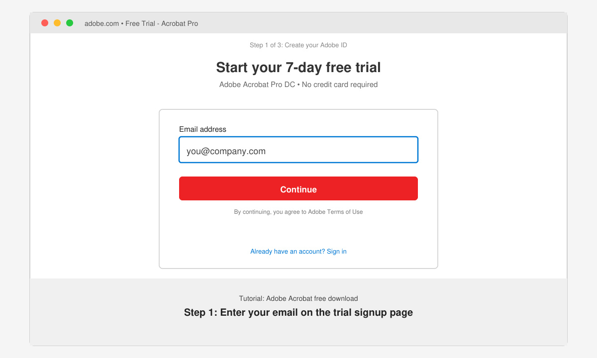Screenshot of the Adobe Acrobat trial signup form with email field visible