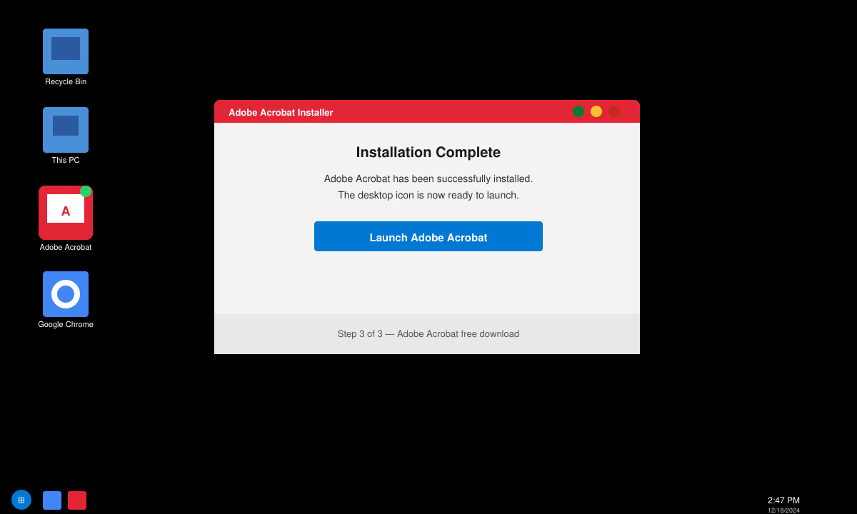 Final screen showing successful installation of Adobe Acrobat with the app icon on desktop