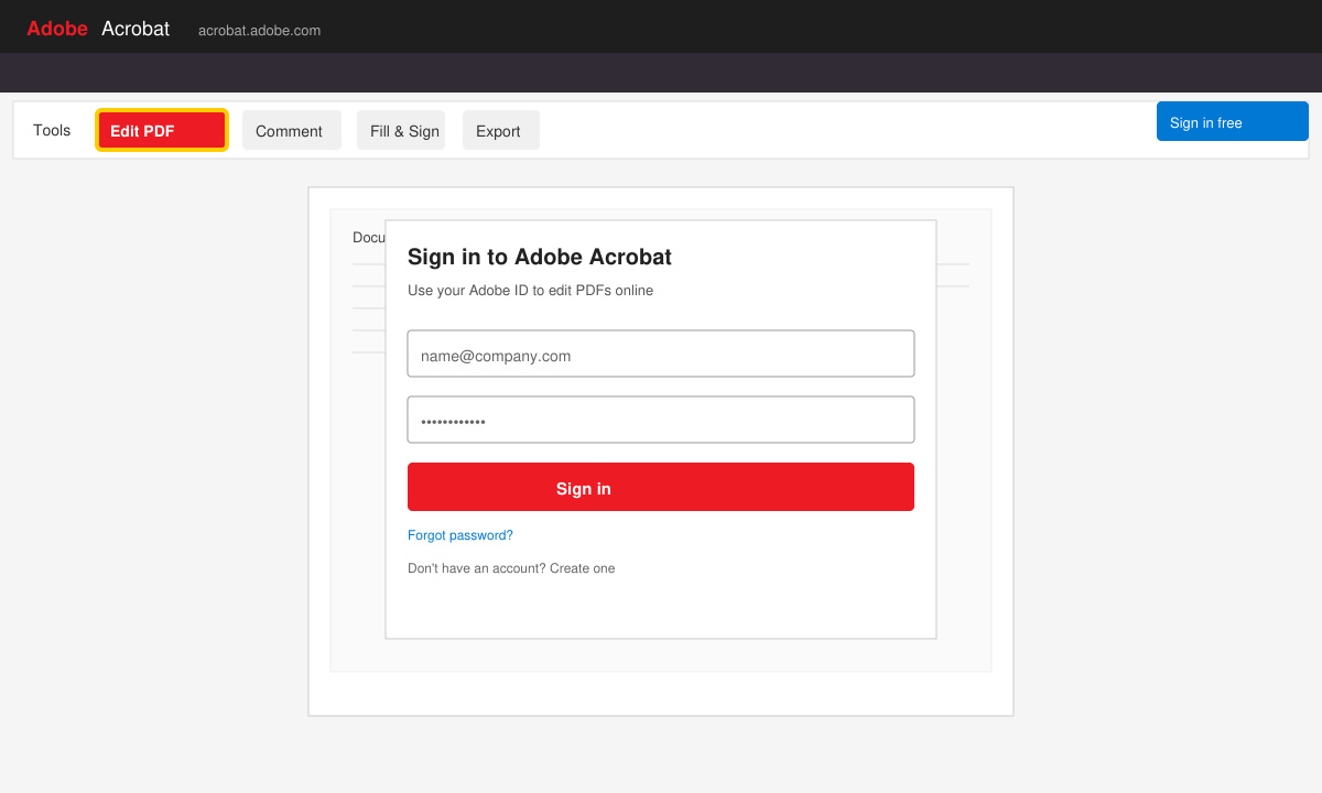 Close-up of the sign-in screen and Edit PDF button