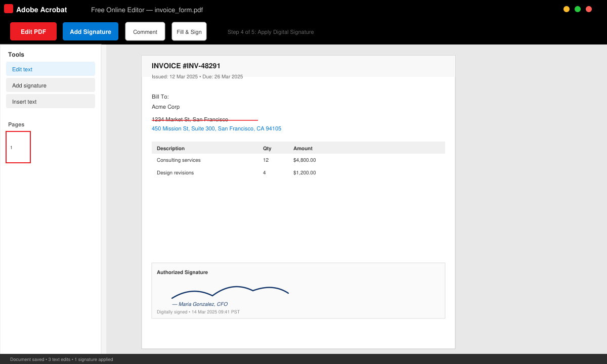 Edited PDF open in the browser with text changes and signature added