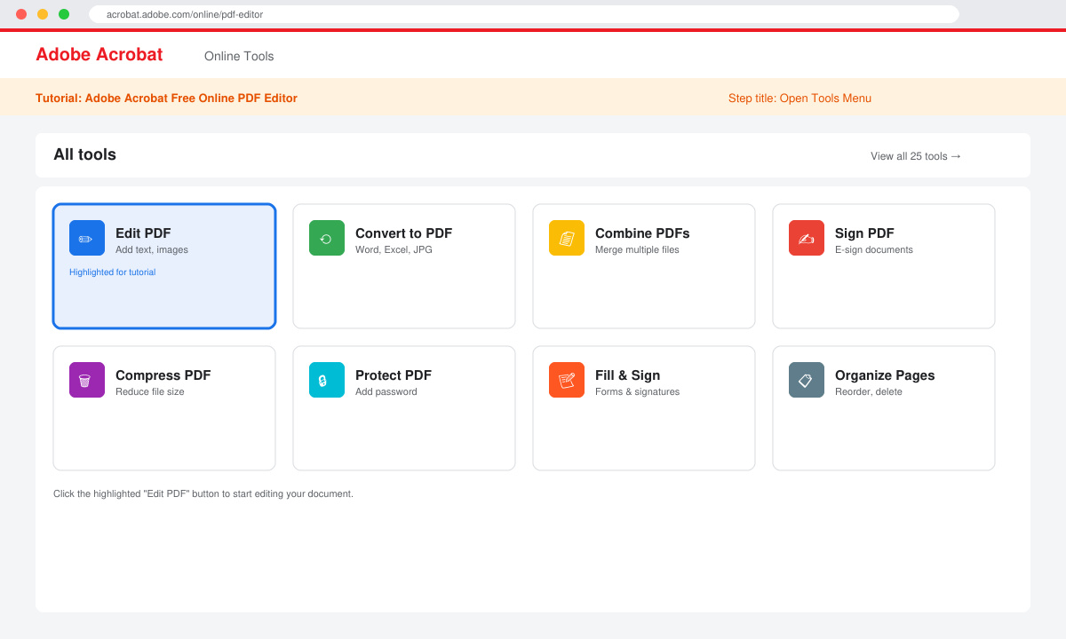 Screenshot of the Acrobat online Tools menu with Edit PDF option highlighted