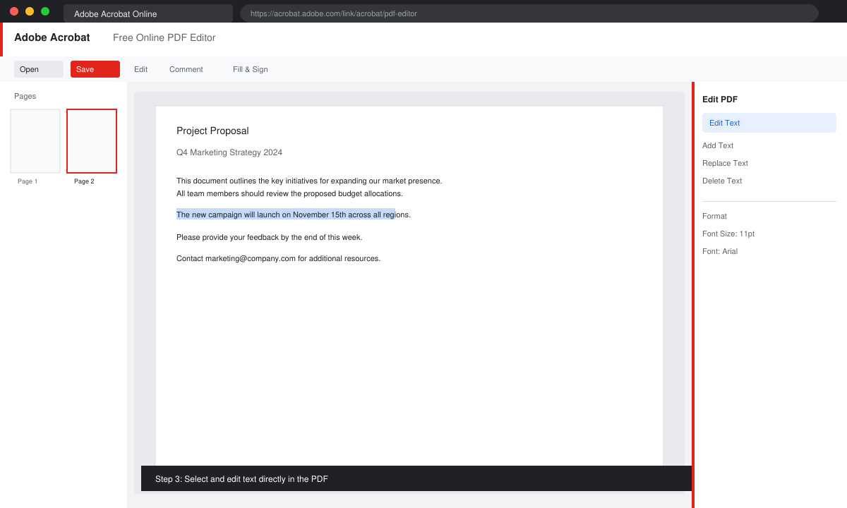 Browser view of a PDF being edited with text highlighted and toolbar visible