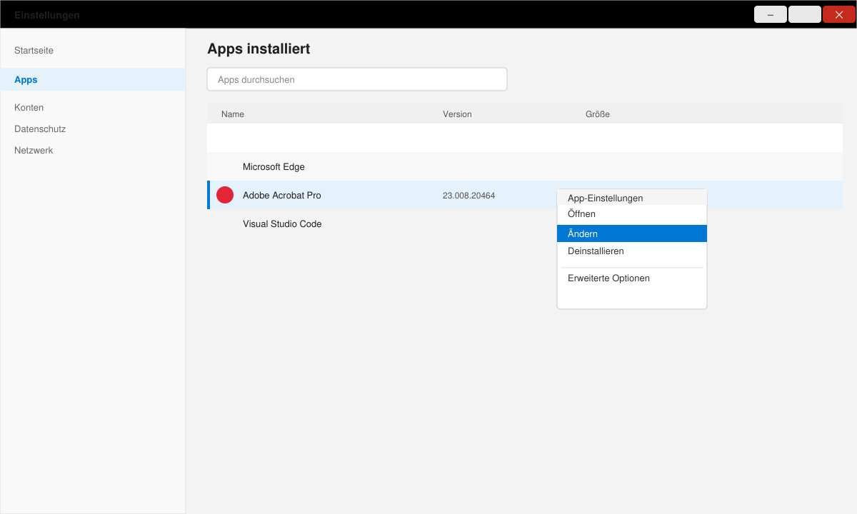 Windows-Apps-Fenster mit markierter Reparatur-Option für Adobe Acrobat